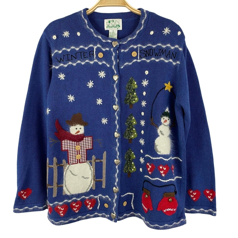 Quacker Factory Snowman Cardigan Ugly Sweater Women M Blue Grandmacore 90s